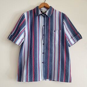 Striped crinkle red, white, and blue button up top, Allison Daley, size 8